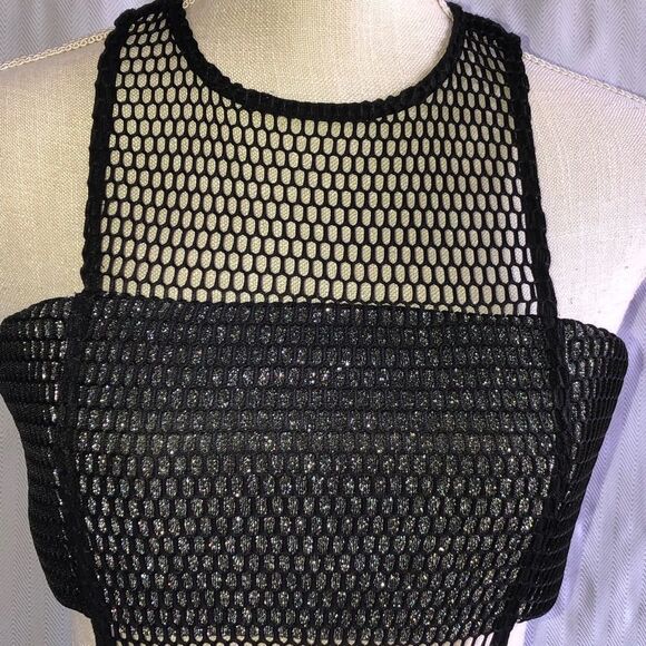 ELLIATT- Black Netting Over Metallic Silver Lining Dress, Cut Out Sides, Size M - Picture 4 of 14